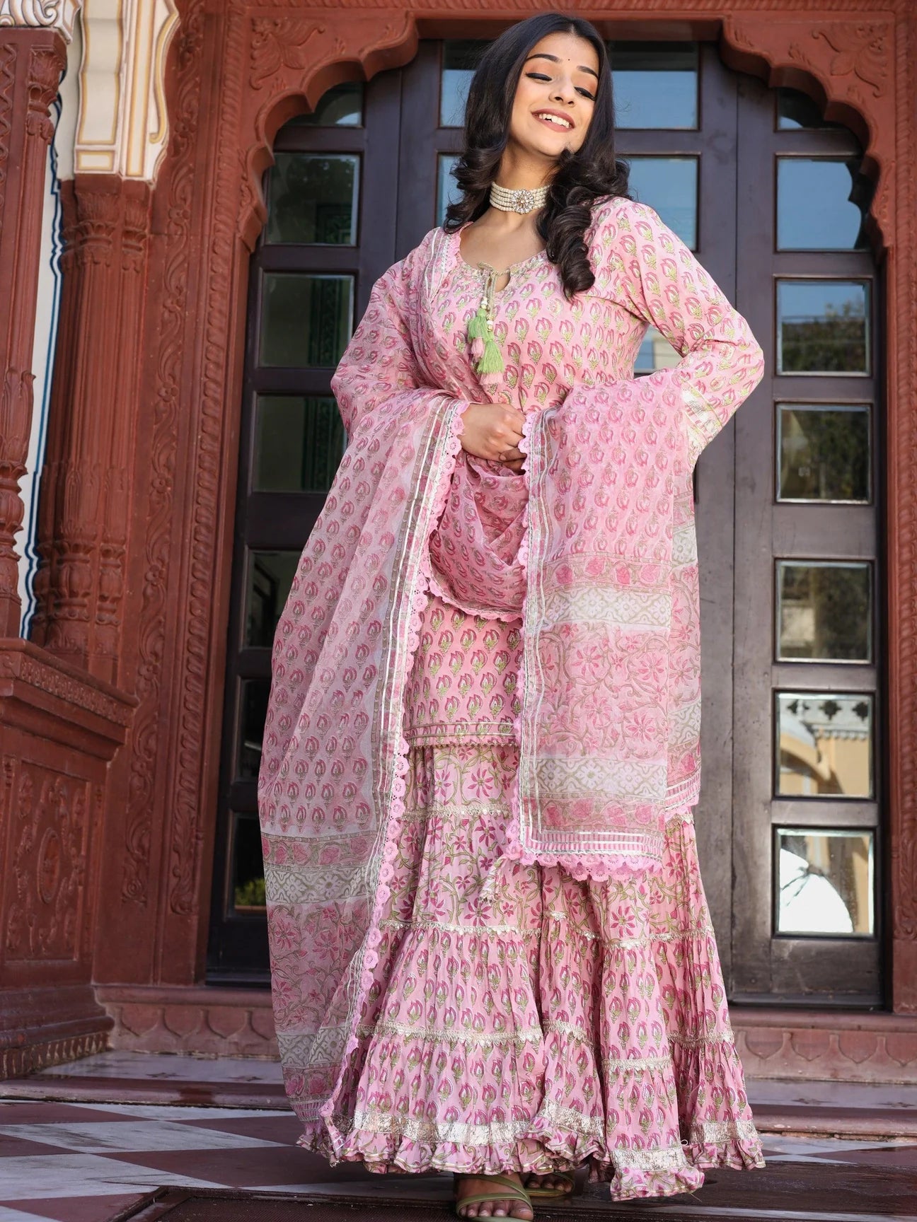 Pink Floral Hand Block Printed Kurta Sharara Set with Dupatta