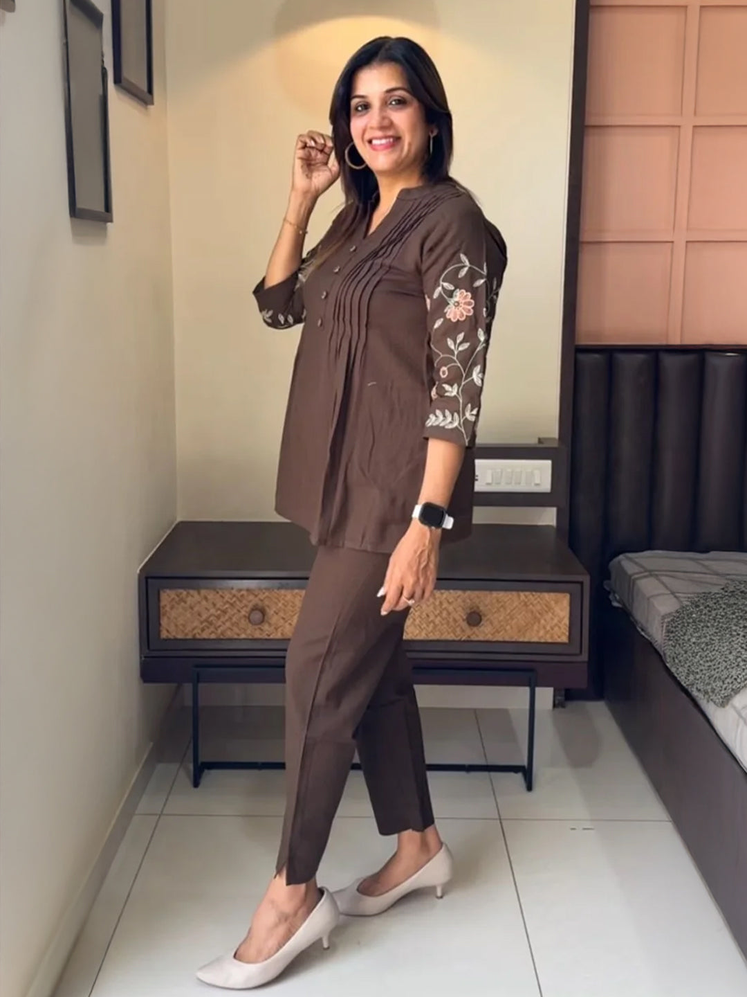 Coffee Brown Embroidered Co-Ord Set