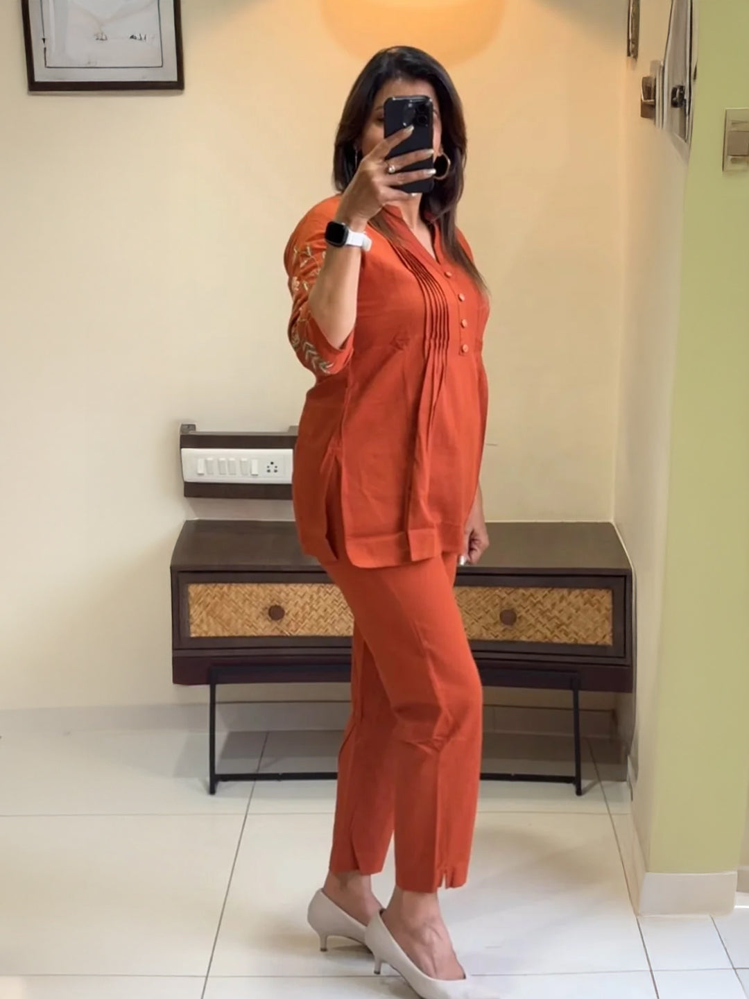 Rust Orange Embroidered Cotton Co-Ord Set