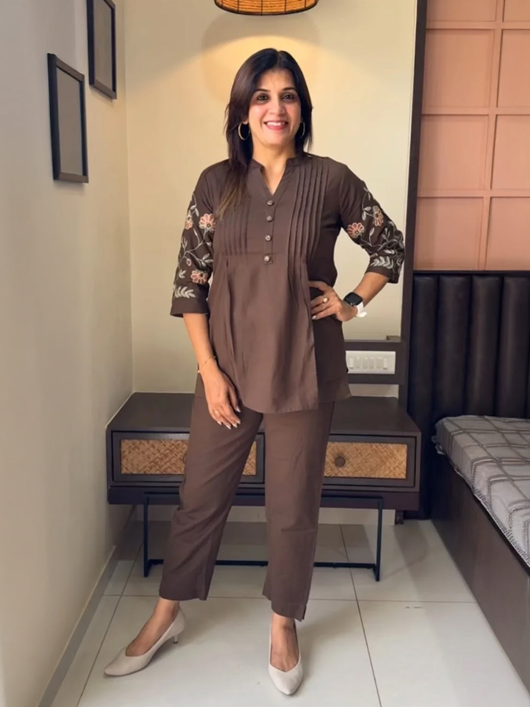 Coffee Brown Embroidered Co-Ord Set