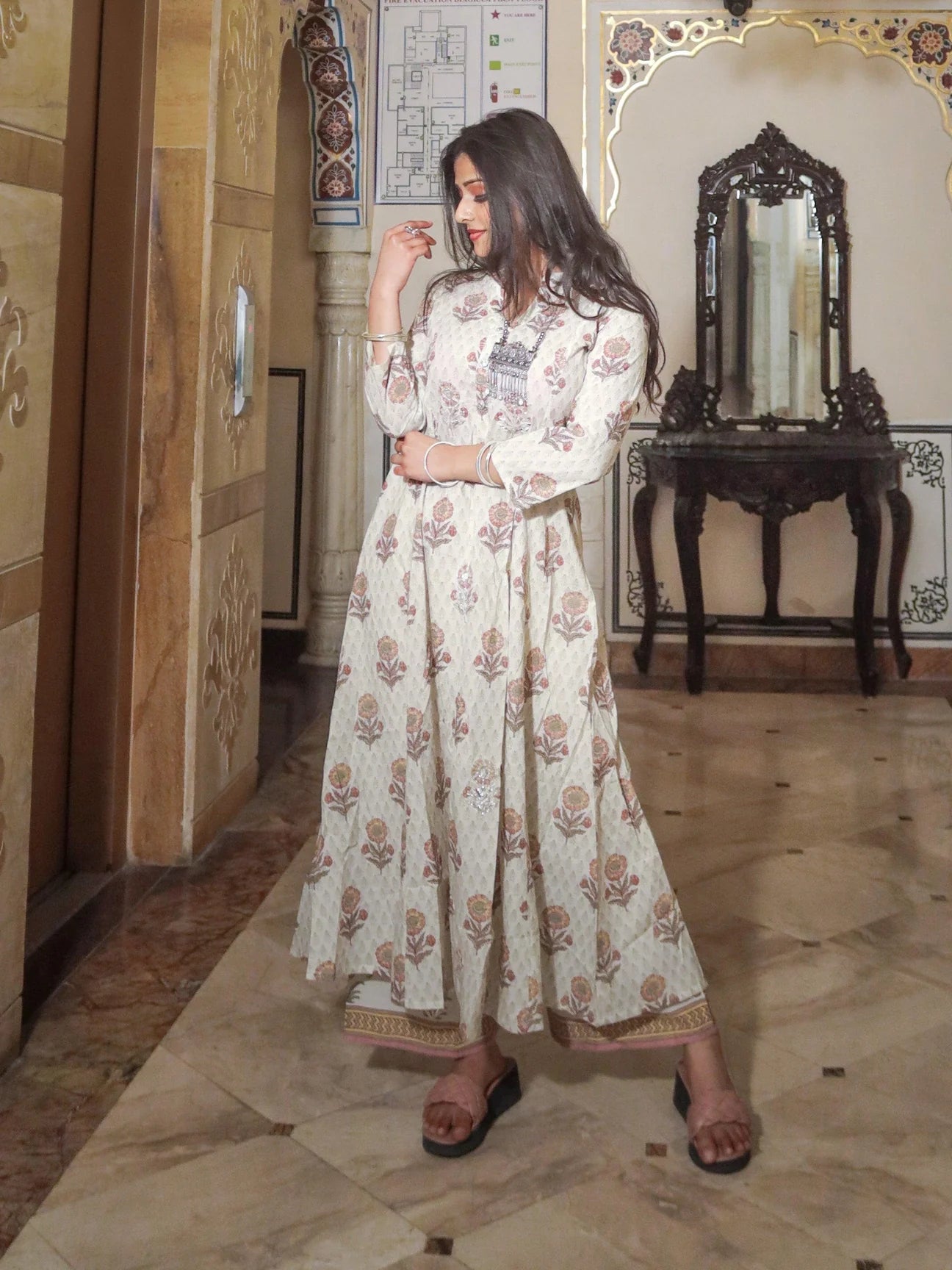 Ivory White Self Print Cotton Kurti with Palazzo Set