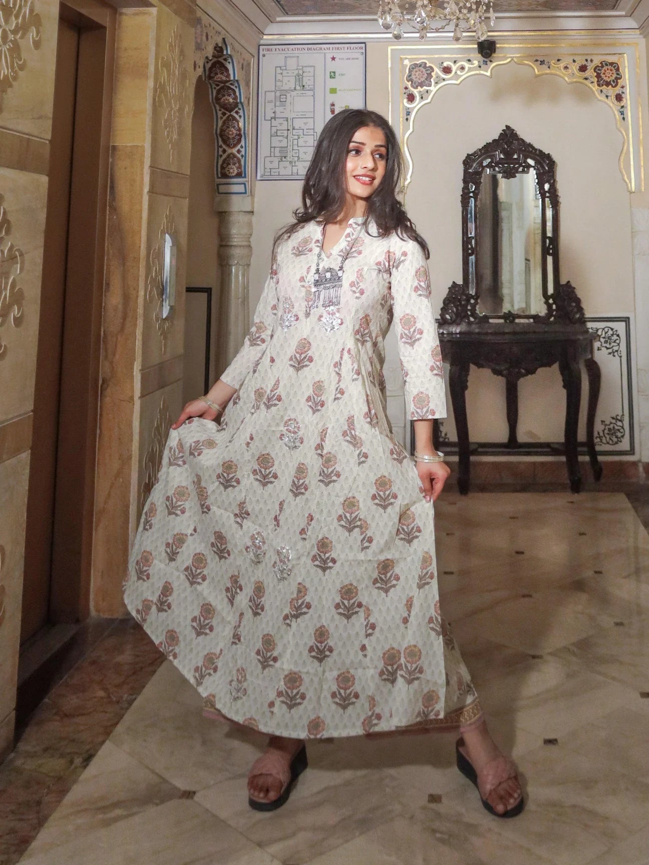 Ivory White Self Print Cotton Kurti with Palazzo Set