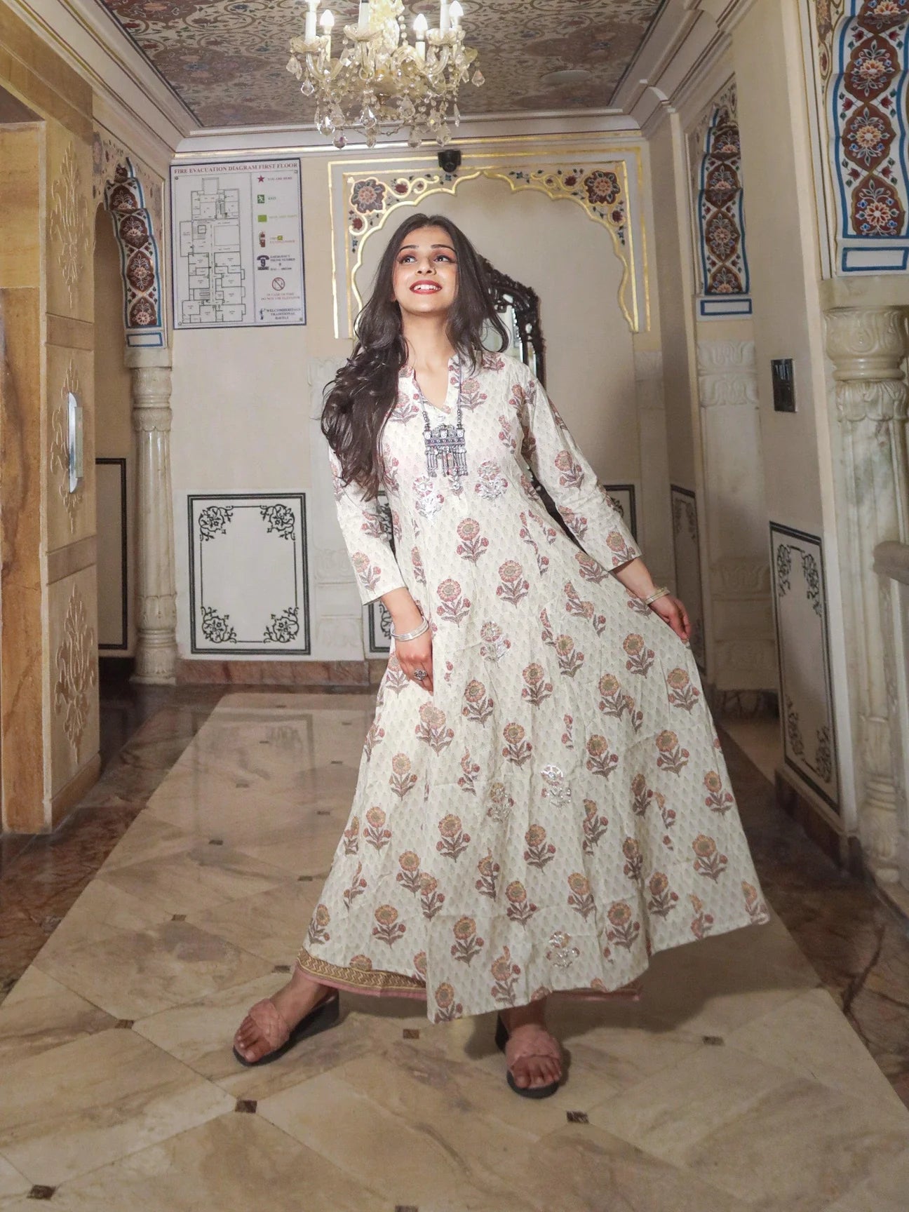 Ivory White Self Print Cotton Kurti with Palazzo Set