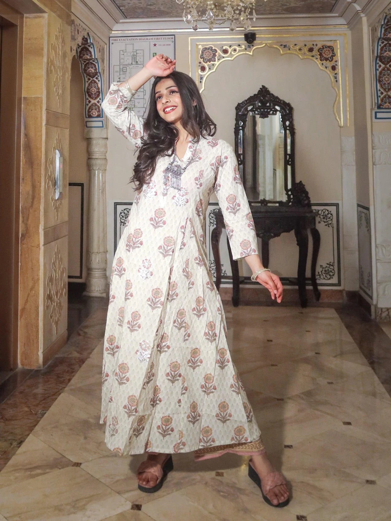 Ivory White Self Print Cotton Kurti with Palazzo Set