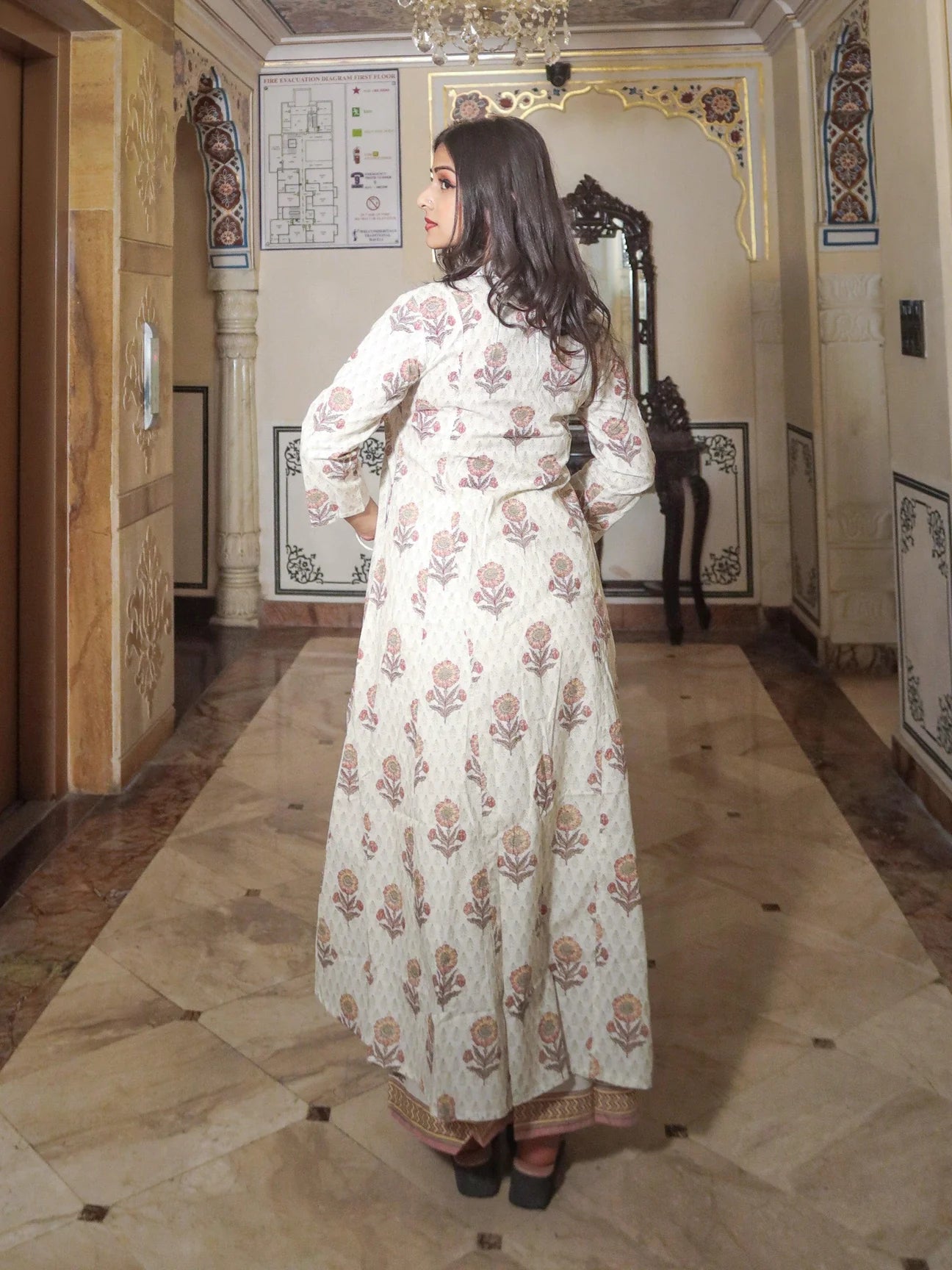 Ivory White Self Print Cotton Kurti with Palazzo Set