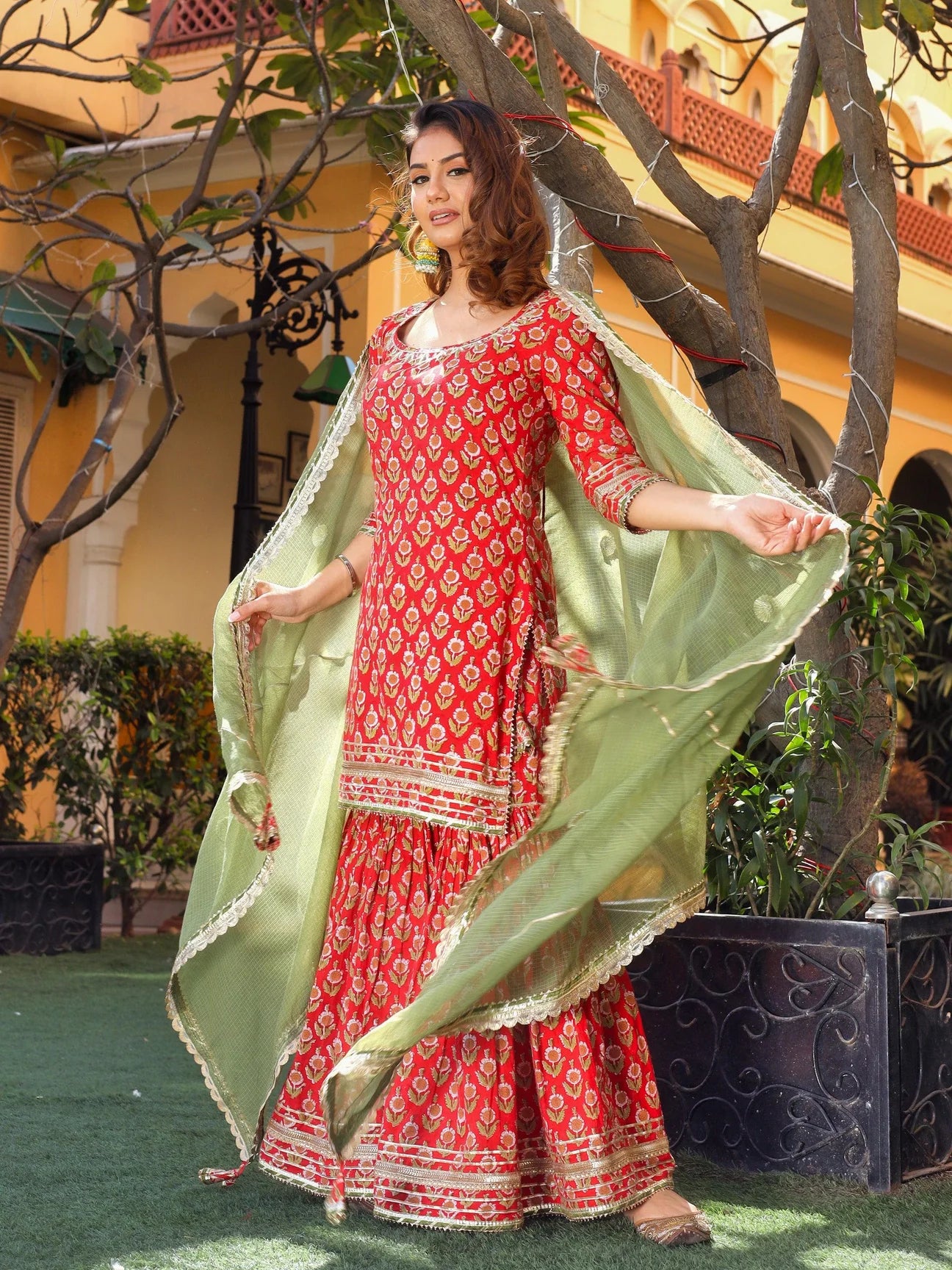 Red Cotton Dabu Printed Kurta Sharara Set with Kota Doria Dupatta