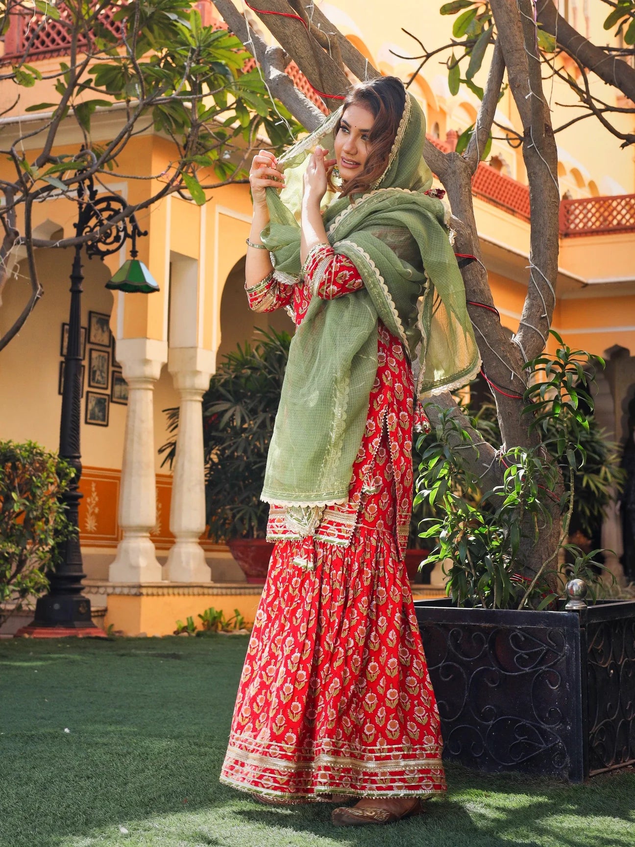 Red Cotton Dabu Printed Kurta Sharara Set with Kota Doria Dupatta