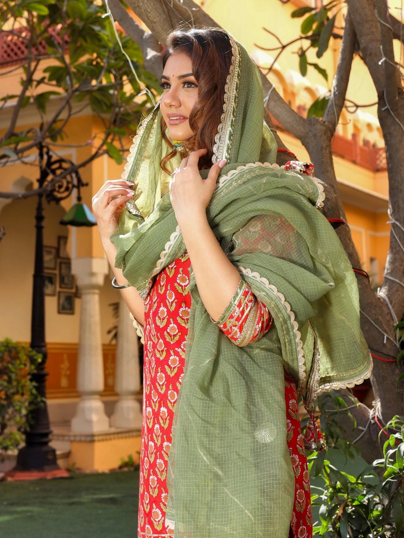 Red Cotton Dabu Printed Kurta Sharara Set with Kota Doria Dupatta