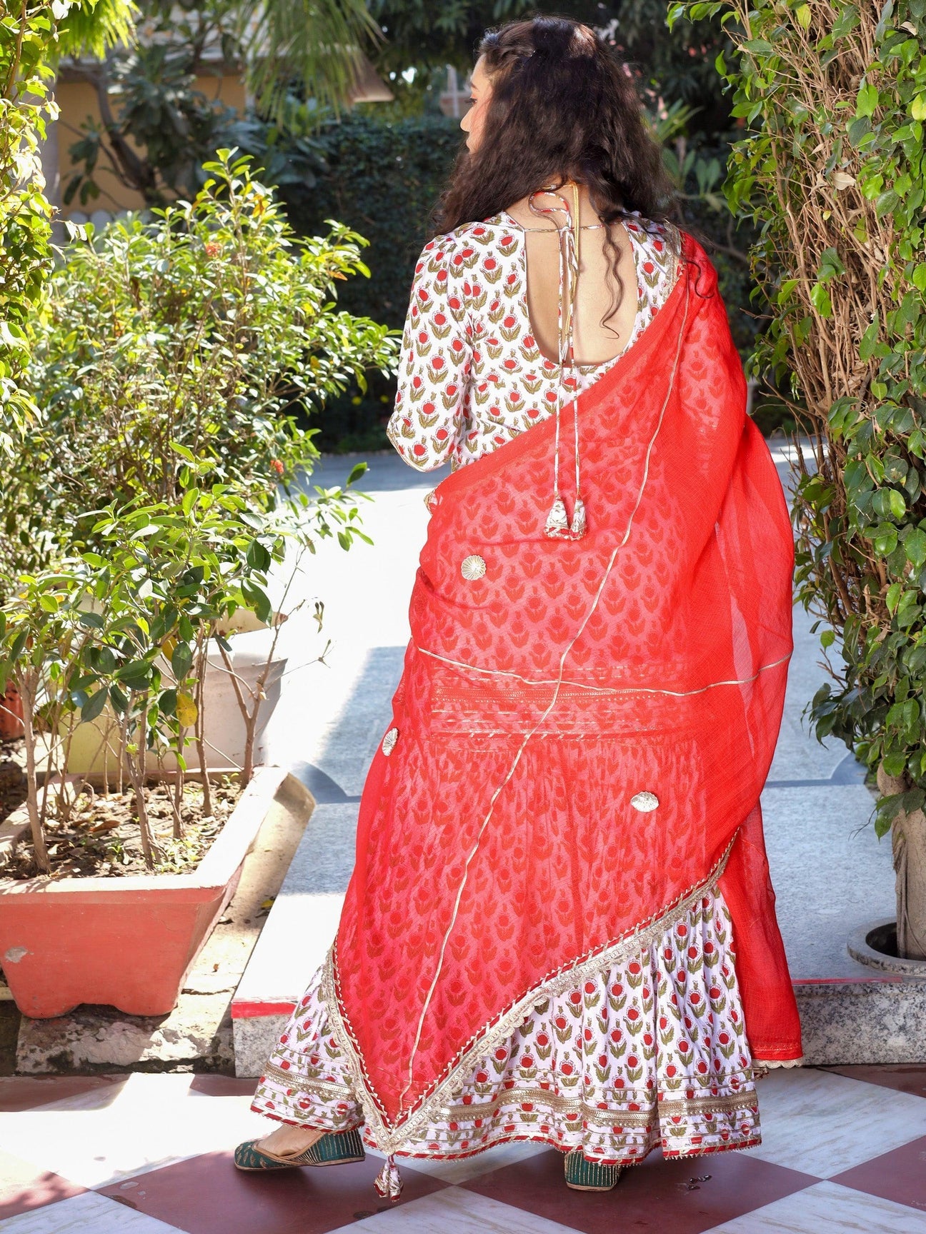 Red & White Cotton Dabu Printed Kurta Sharara Set with Kota Doria Dupatta