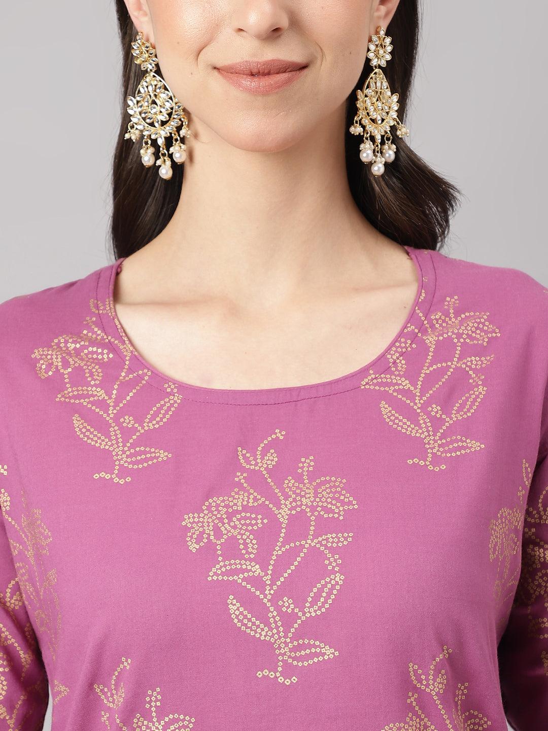 Purple Foil Print Cotton Sharara Set with Dupatta