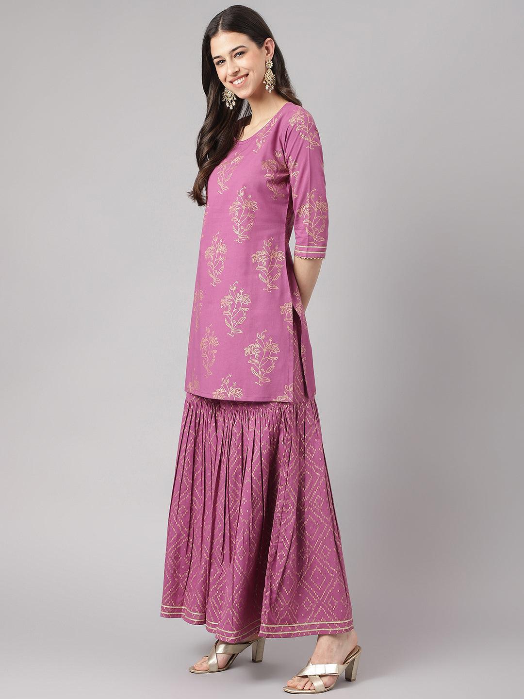 Purple Foil Print Cotton Sharara Set with Dupatta