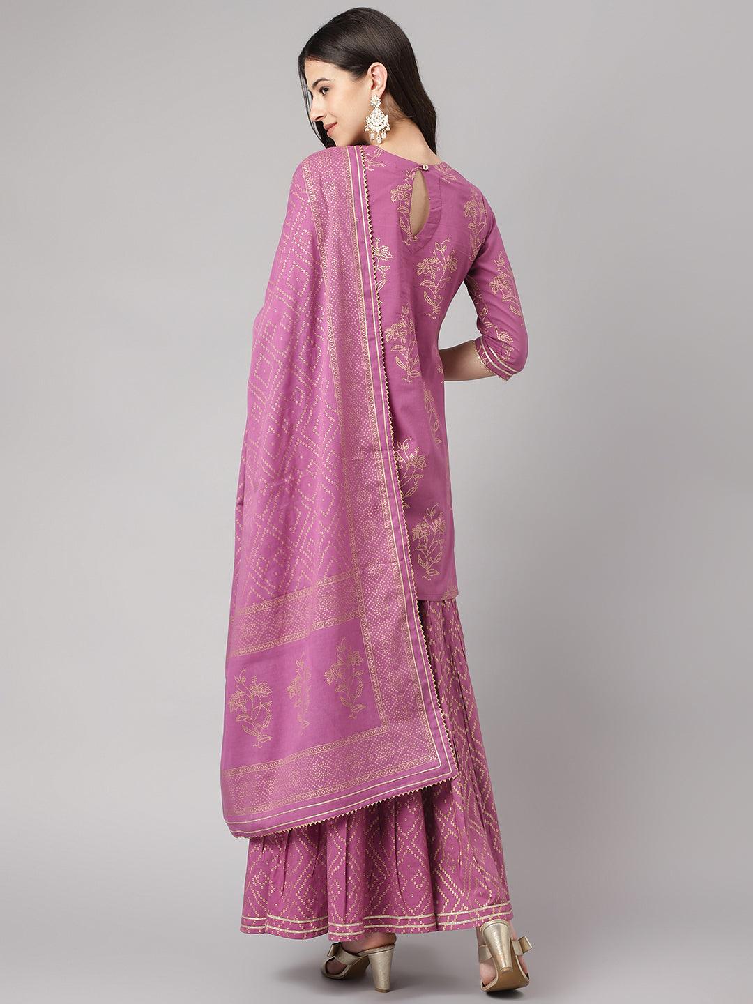 Purple Foil Print Cotton Sharara Set with Dupatta