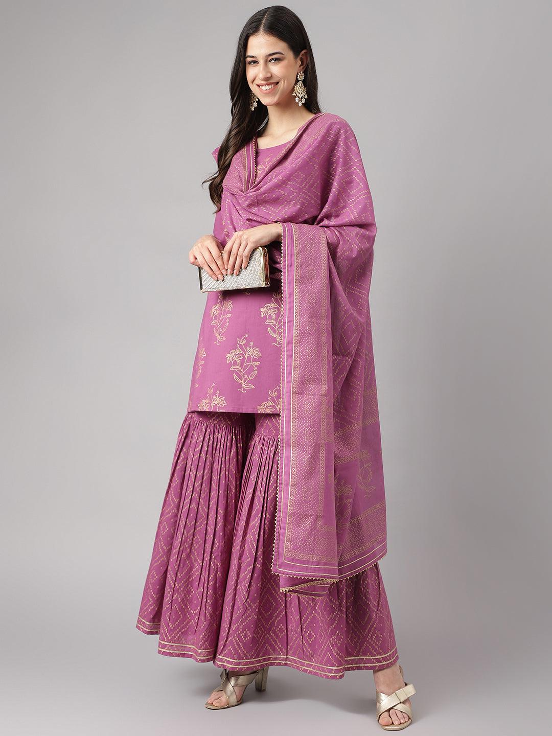 Purple Foil Print Cotton Sharara Set with Dupatta