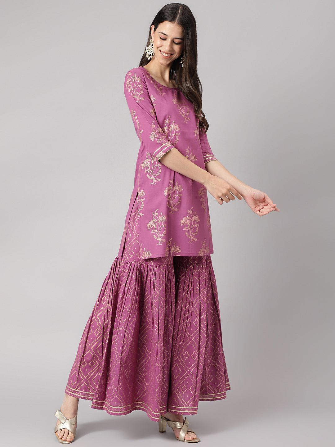 Purple Foil Print Cotton Sharara Set with Dupatta