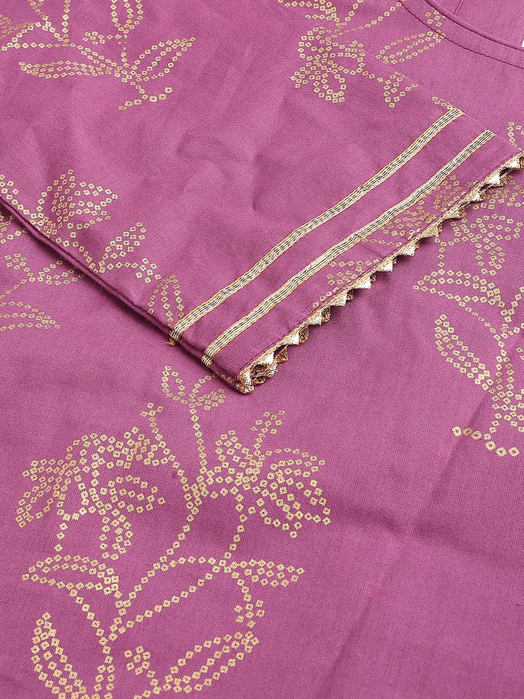 Purple Foil Print Cotton Sharara Set with Dupatta