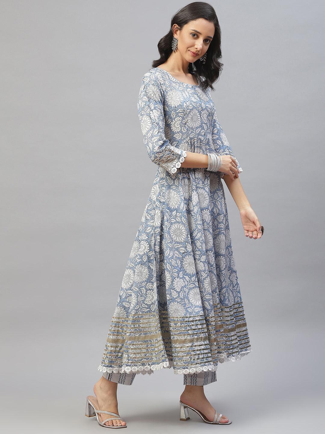 Sky Blue Hand Block Printed Anarkali Kurta Pant Set with Dupatta
