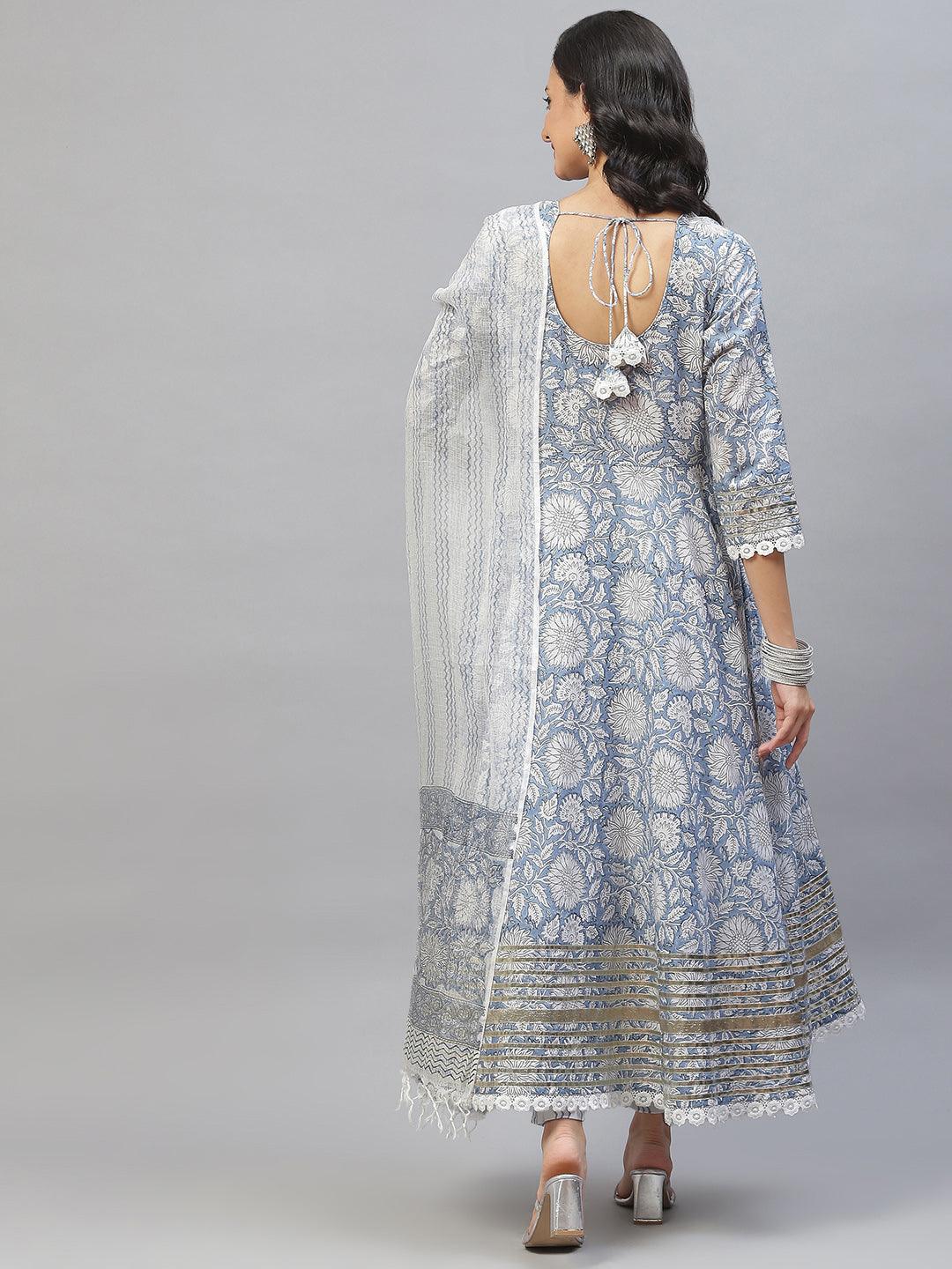 Sky Blue Hand Block Printed Anarkali Kurta Pant Set with Dupatta