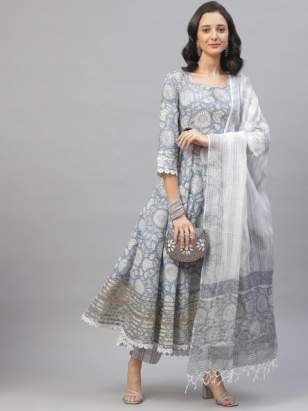 Sky Blue Hand Block Printed Anarkali Kurta Pant Set with Dupatta