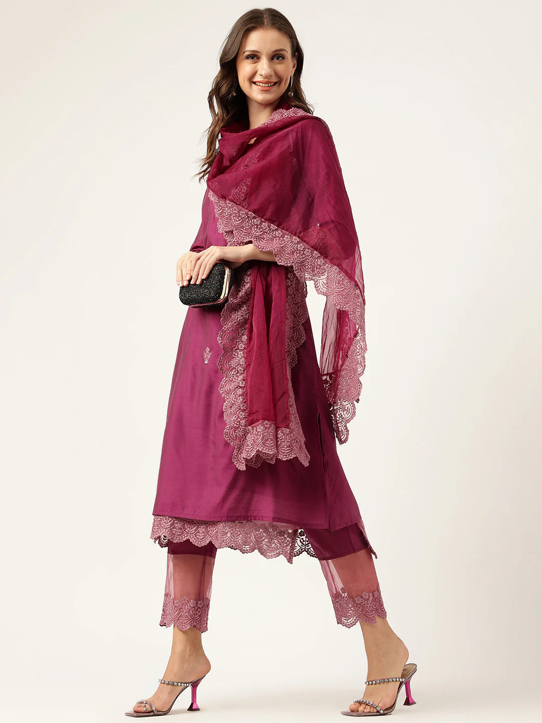 Solid Purple Chanderi Embroidered Kurta with Inner Trouser Inner & Dupatta Set