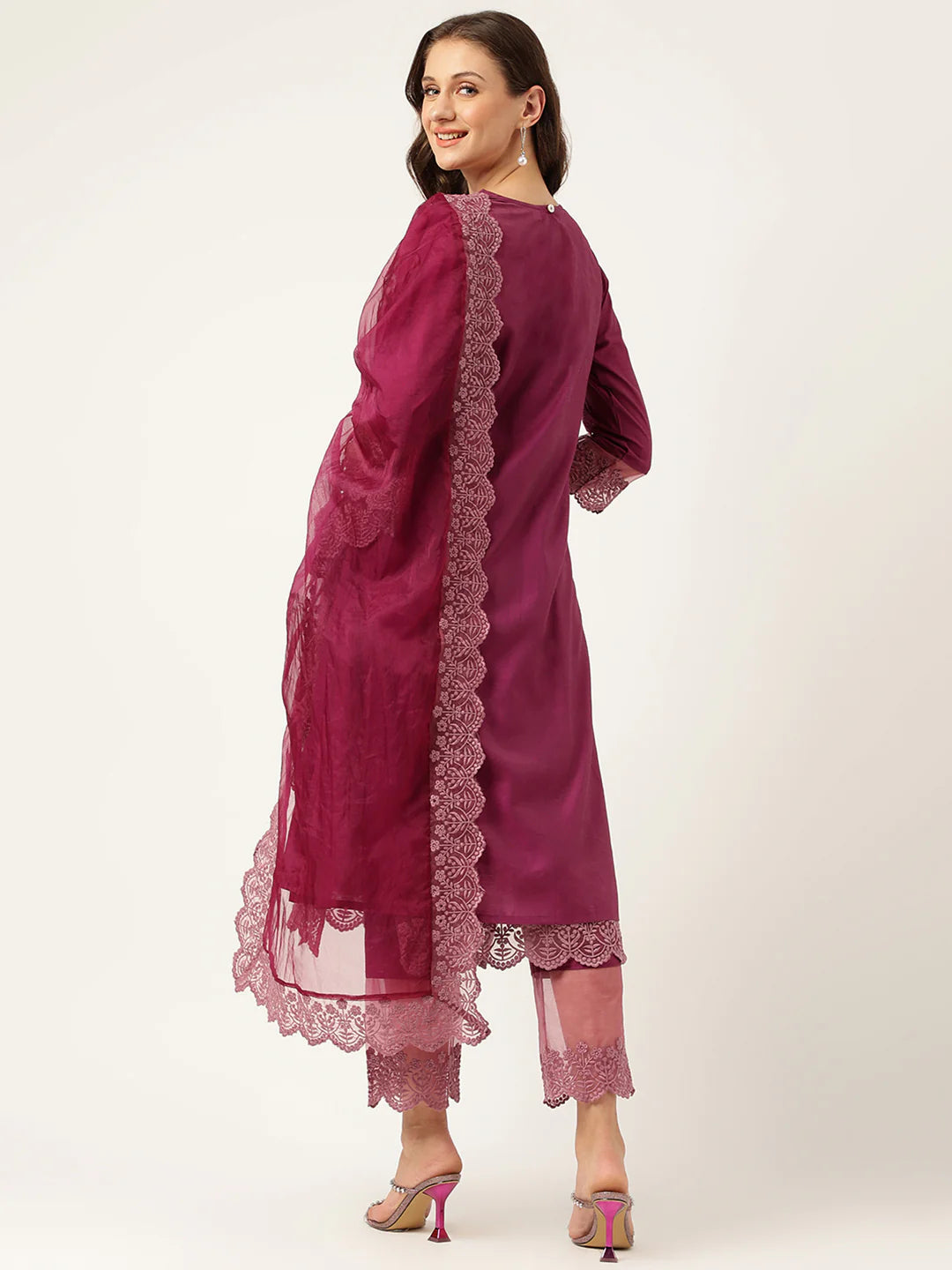 Solid Purple Chanderi Embroidered Kurta with Inner Trouser Inner & Dupatta Set