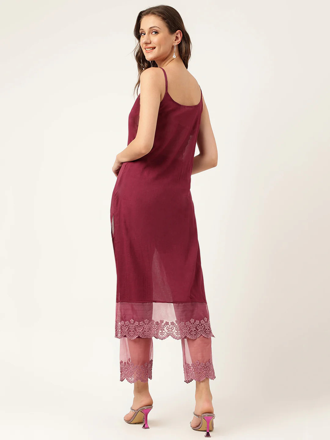 Solid Purple Chanderi Embroidered Kurta with Inner Trouser Inner & Dupatta Set