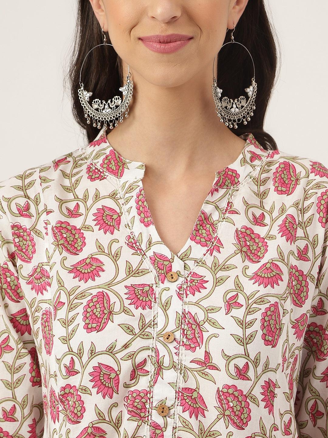 White Floral Printed Anarkali Kurta Palazoo Set