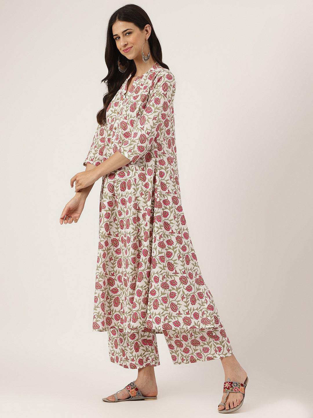 White Floral Printed Anarkali Kurta Palazoo Set