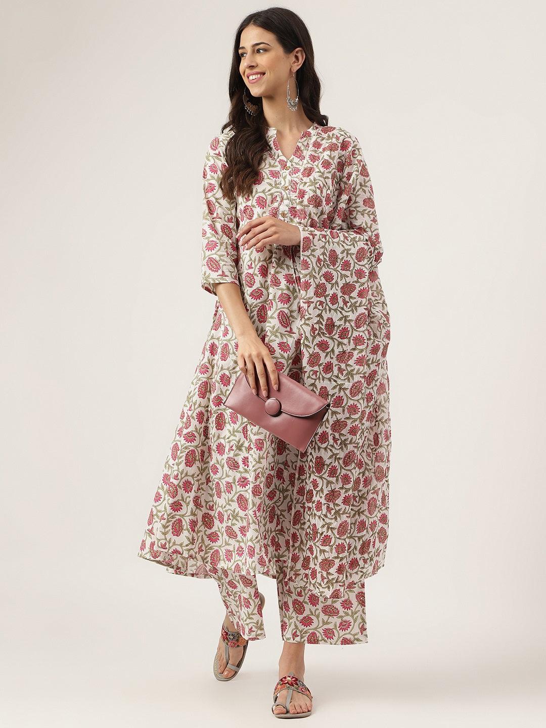 White Floral Printed Anarkali Kurta Palazoo Set