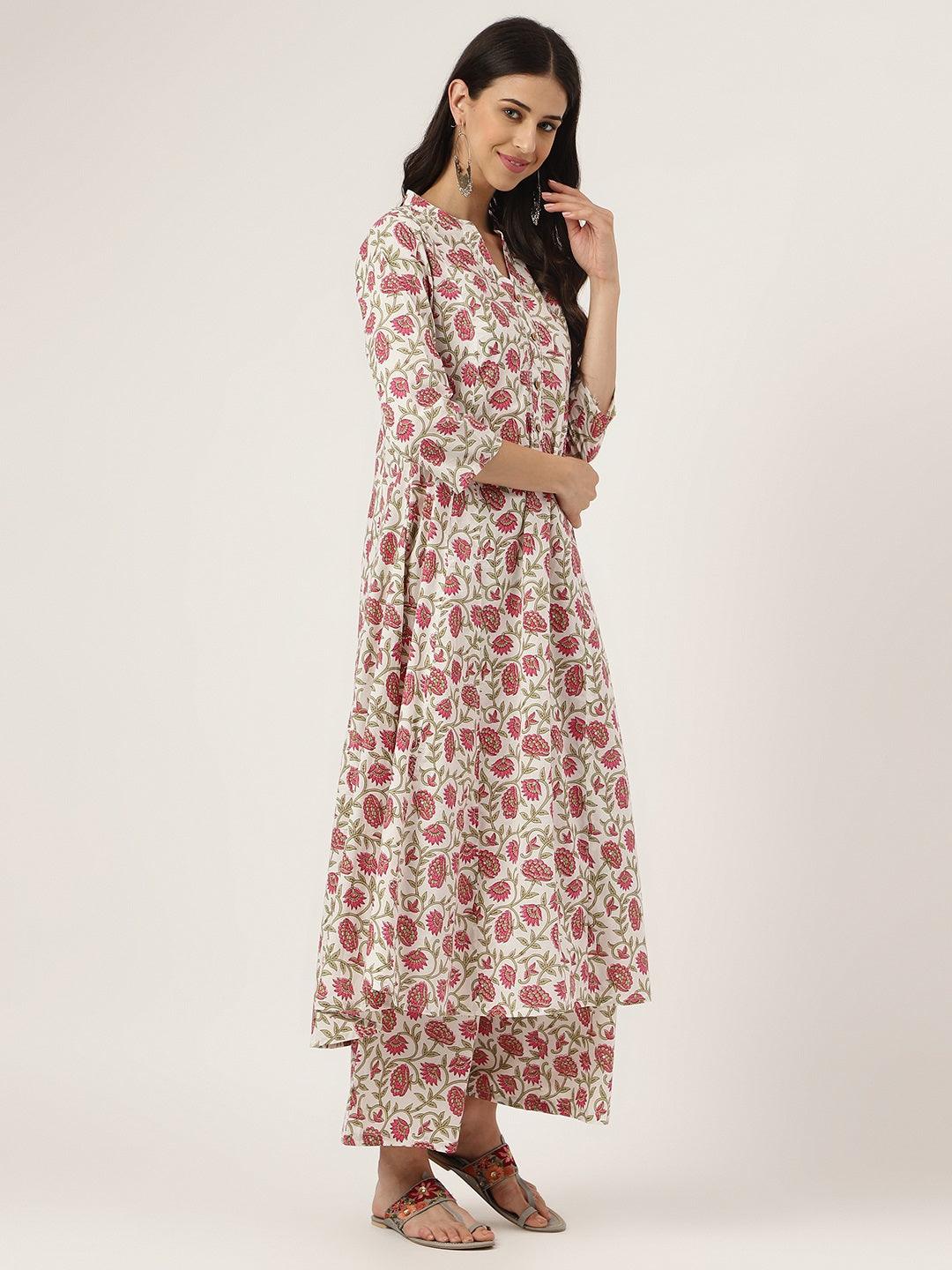 White Floral Printed Anarkali Kurta Palazoo Set