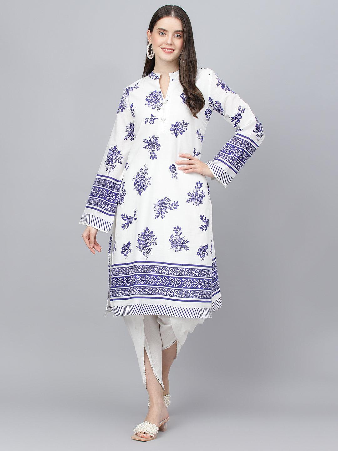White Floral Printed Straight Kurta with Tulip Pant Set