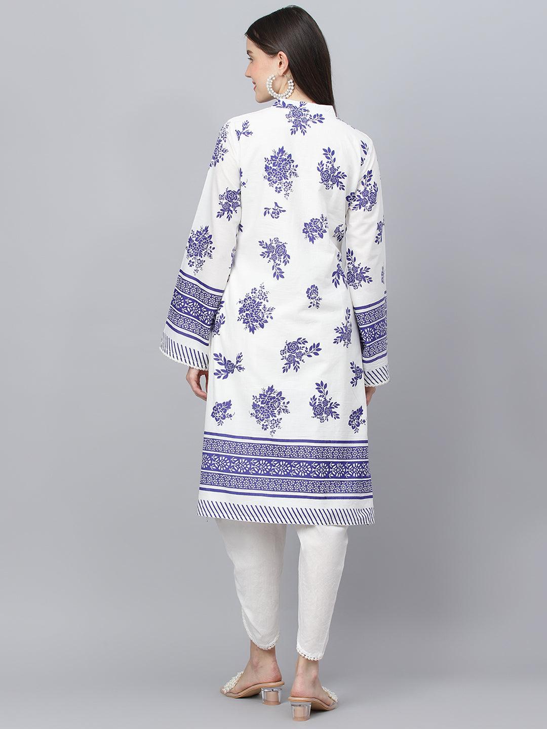 White Floral Printed Straight Kurta with Tulip Pant Set
