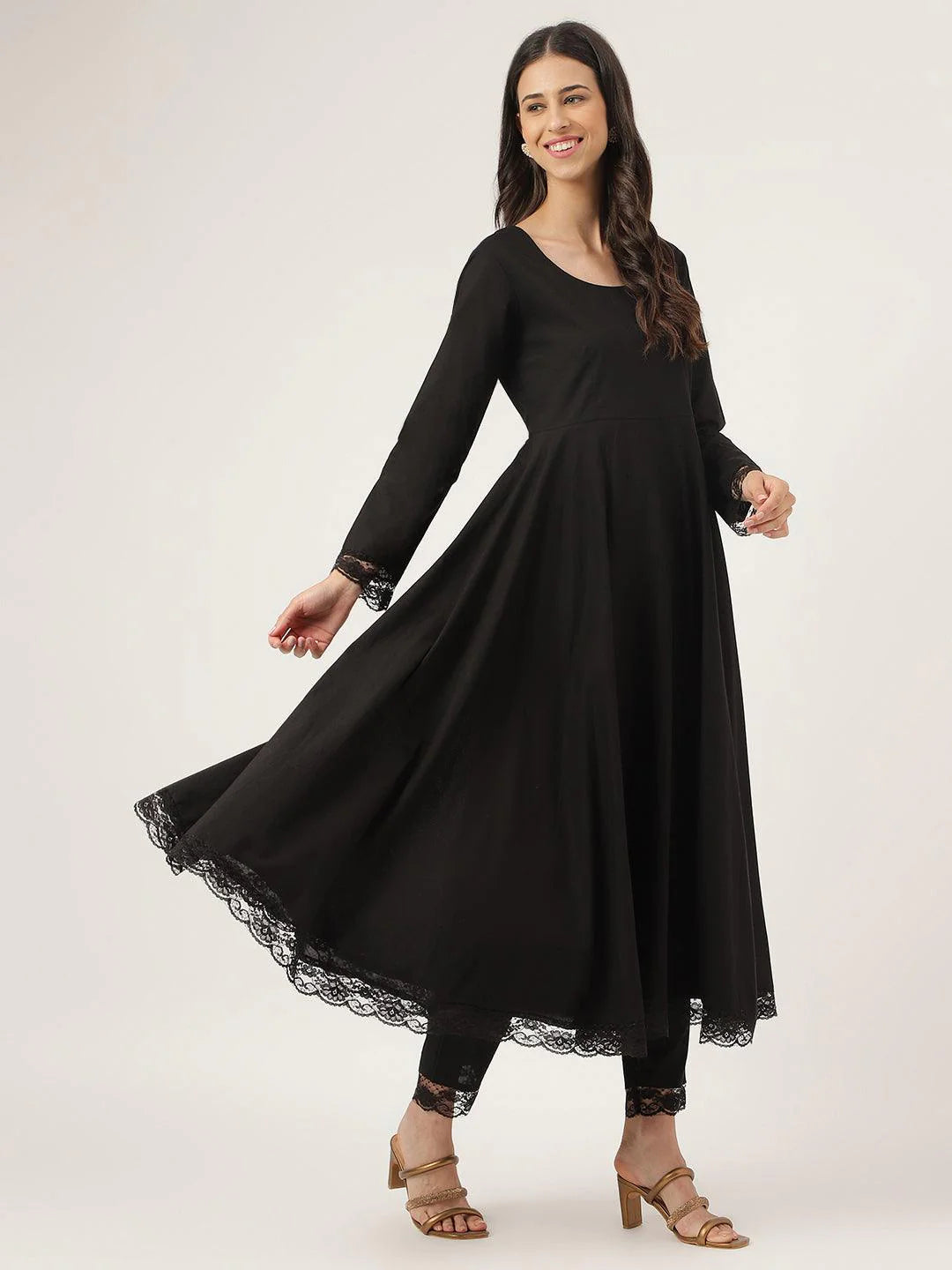 Black Solid Anarkali Kurta Pant Set with Dupatta