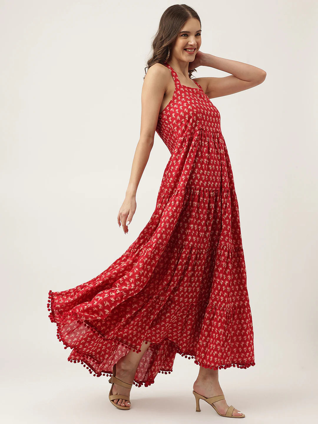 Red Floral Printed Cotton Halter Neck Ethnic Tiered Dress