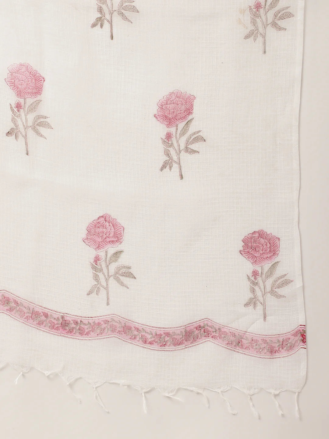 White Hand Block Floral Print Cotton Kurta, Trouser with Dupatta