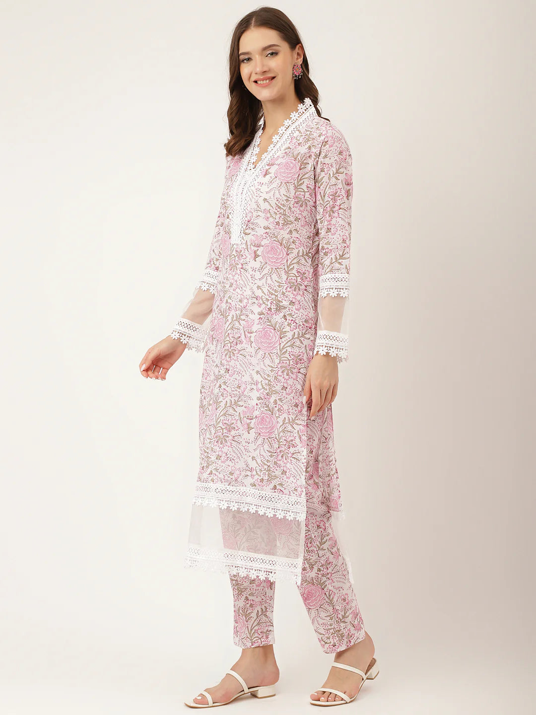 White Hand Block Floral Print Cotton Kurta, Trouser with Dupatta