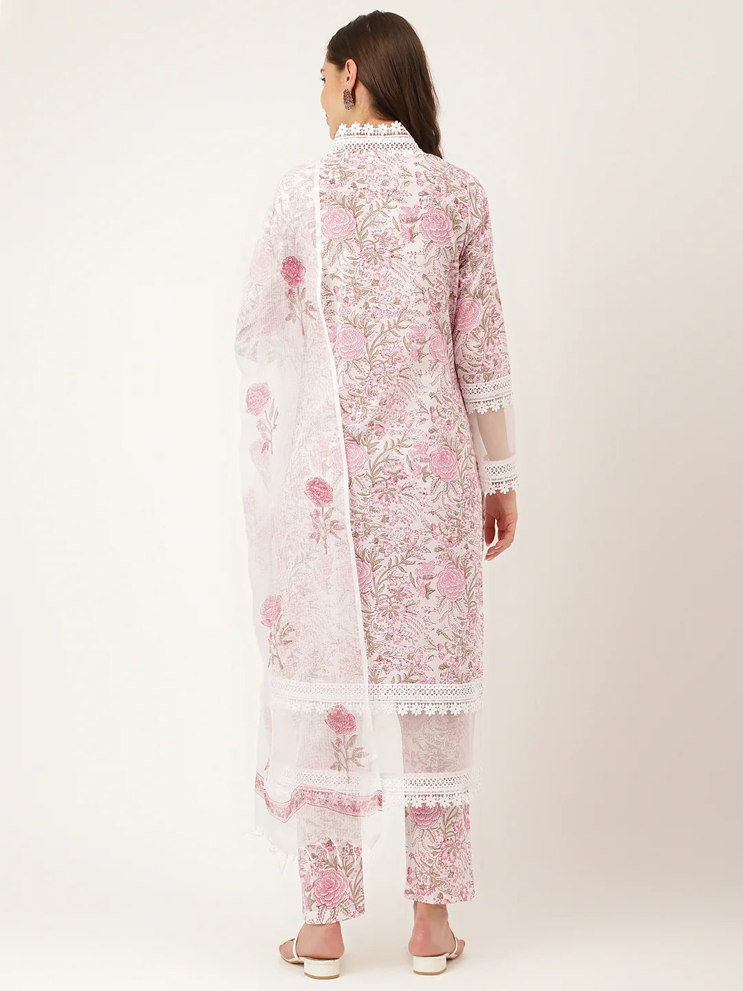 White Hand Block Floral Print Cotton Kurta, Trouser with Dupatta