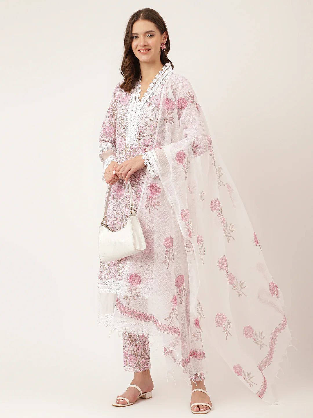 White Hand Block Floral Print Cotton Kurta, Trouser with Dupatta