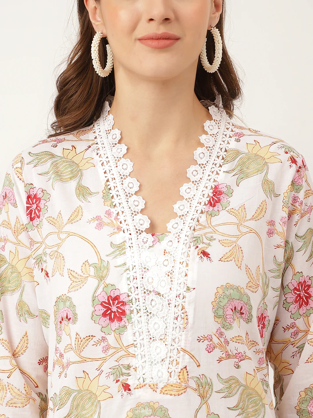 Off White Hand Block Floral Print Cotton Kurta, Trouser with Dupatta