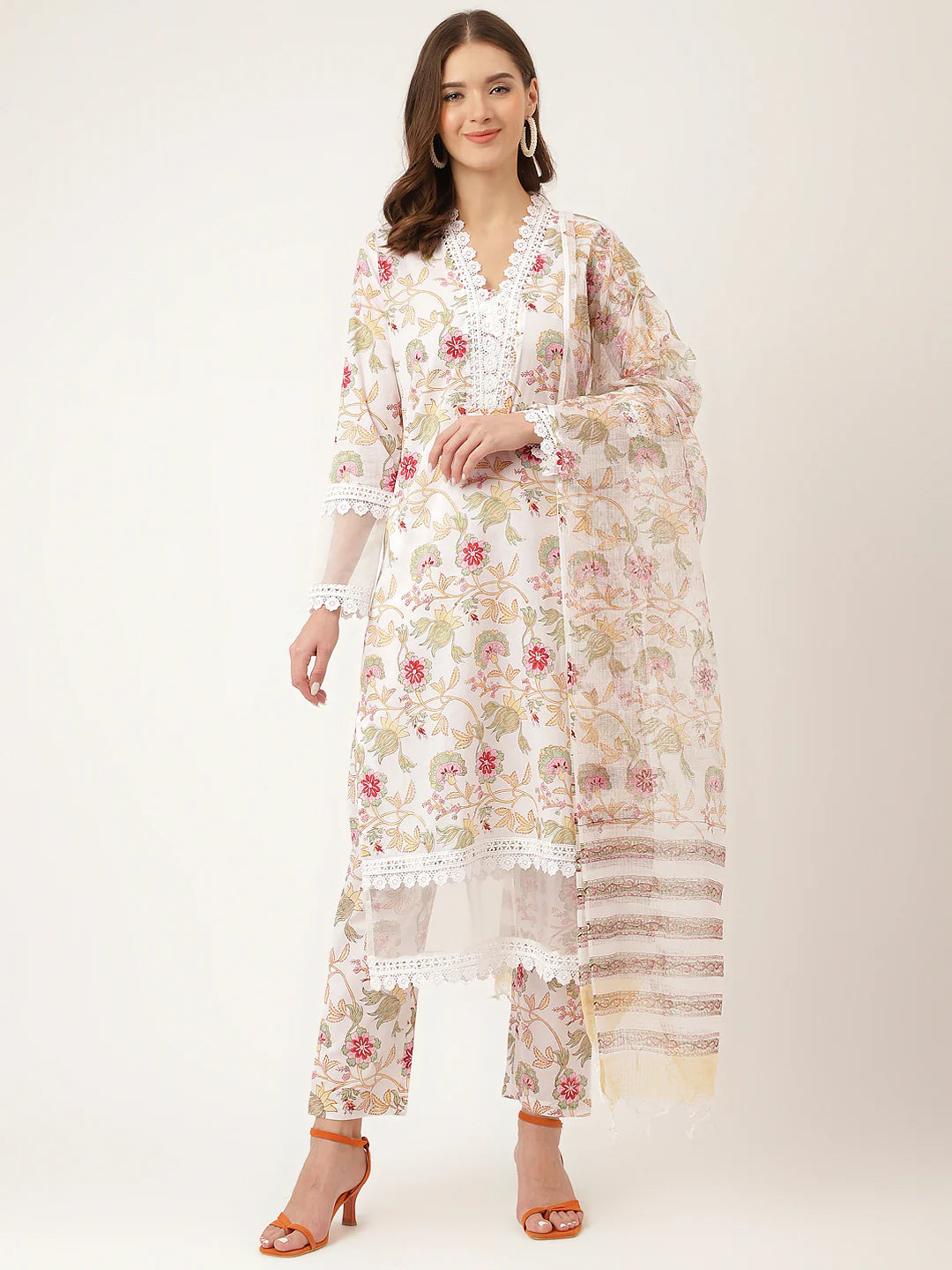 Off White Hand Block Floral Print Cotton Kurta, Trouser with Dupatta