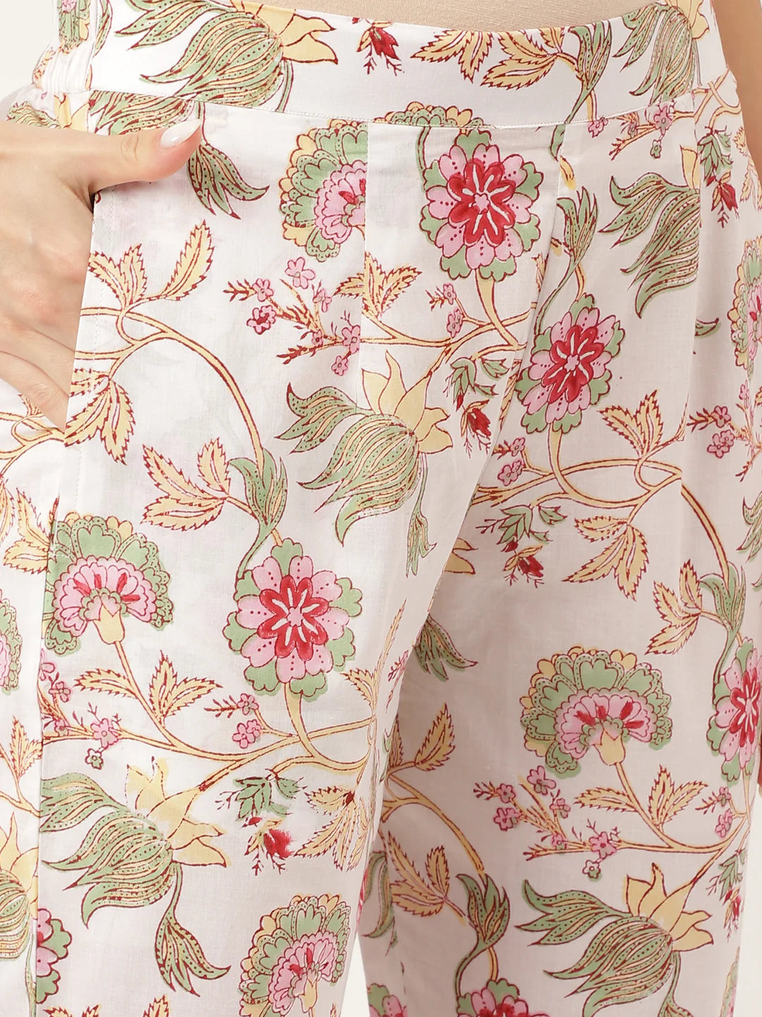 Off White Hand Block Floral Print Cotton Kurta, Trouser with Dupatta