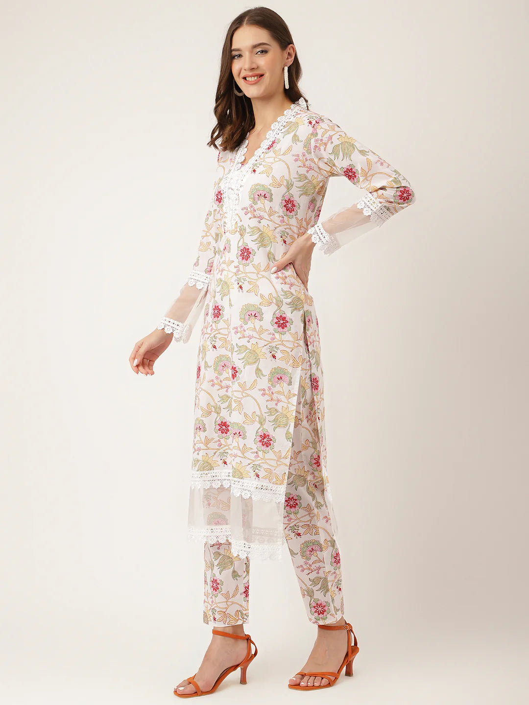 Off White Hand Block Floral Print Cotton Kurta, Trouser with Dupatta