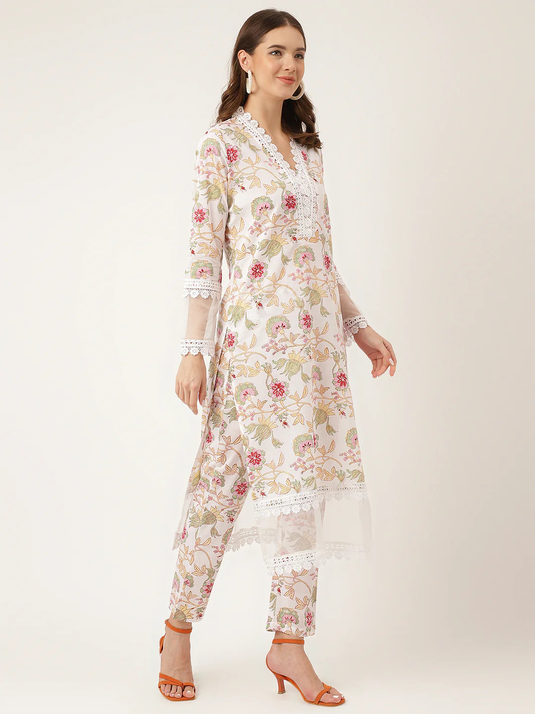 Off White Hand Block Floral Print Cotton Kurta, Trouser with Dupatta