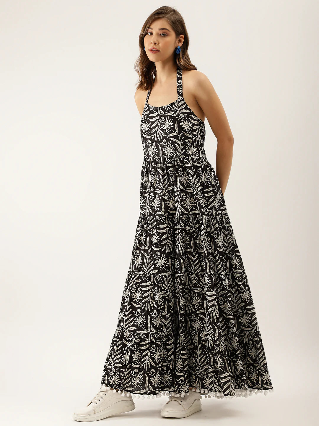 Black Floral Printed Cotton Ethnic Dress