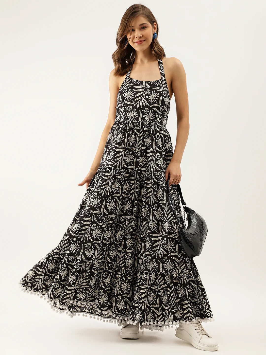 Black Floral Printed Cotton Ethnic Dress