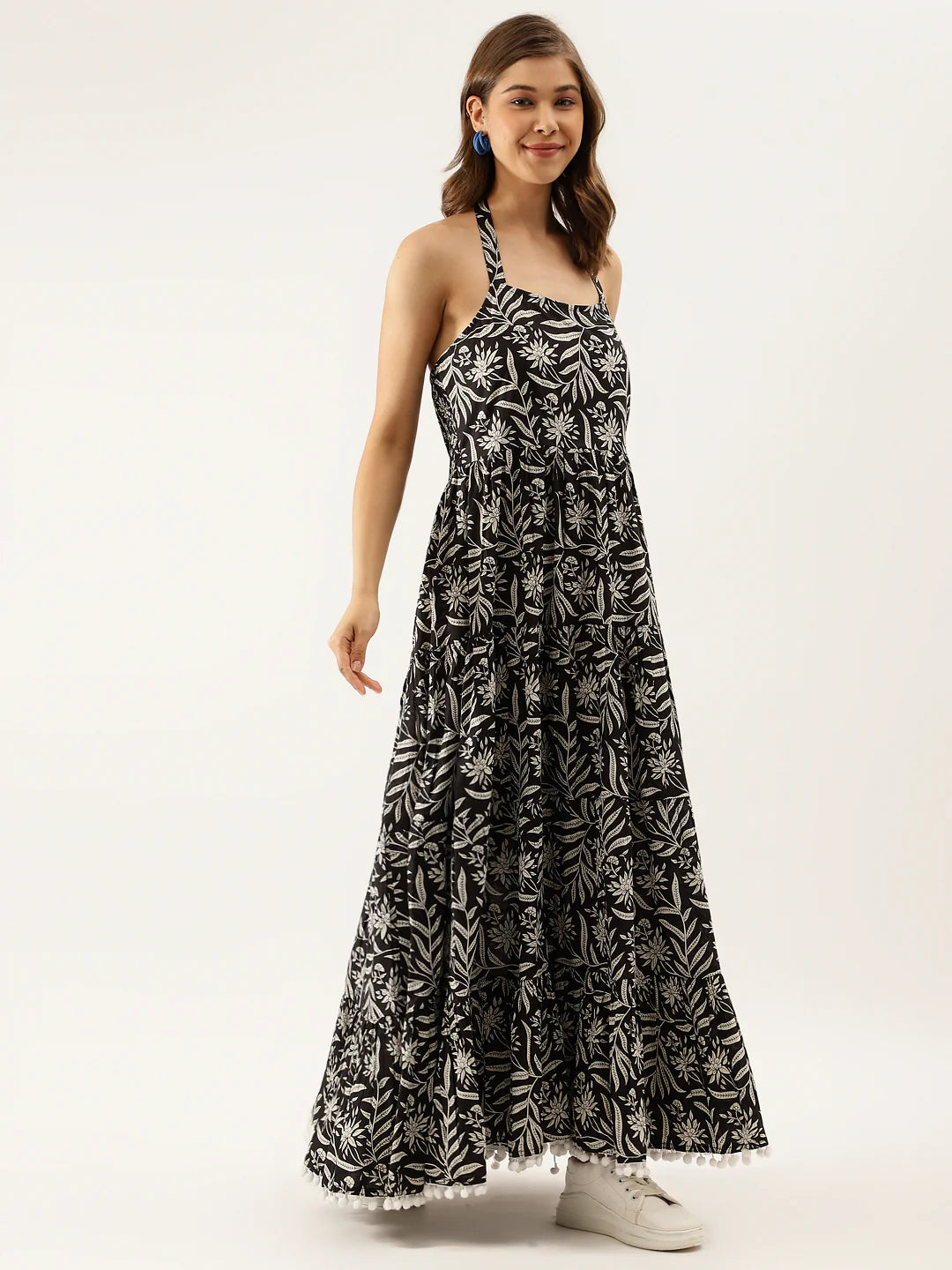 Black Floral Printed Cotton Ethnic Dress