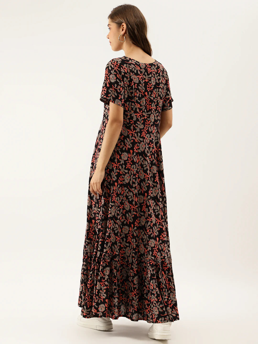 Black Multi Floral Printed Rayon Ethnic Dress
