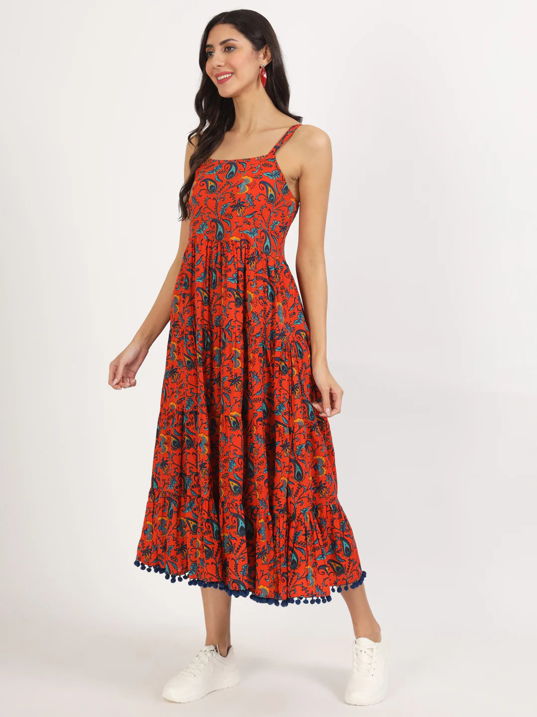 Red Floral Printed Cotton Dress