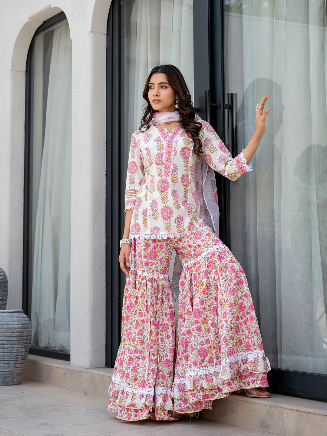 White Floral Print Pure Cotton Kurta Sharara Set