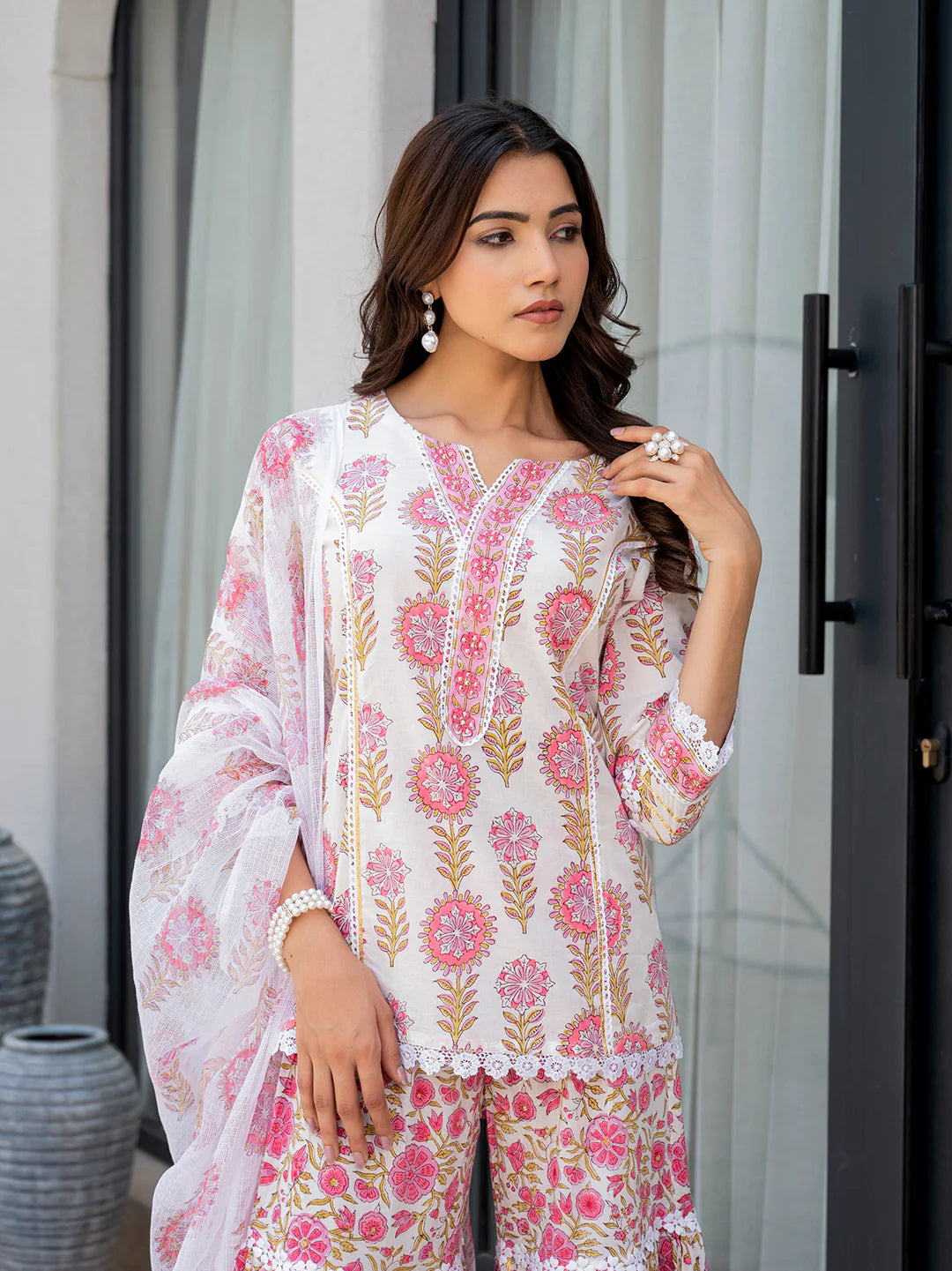 White Floral Print Pure Cotton Kurta Sharara Set