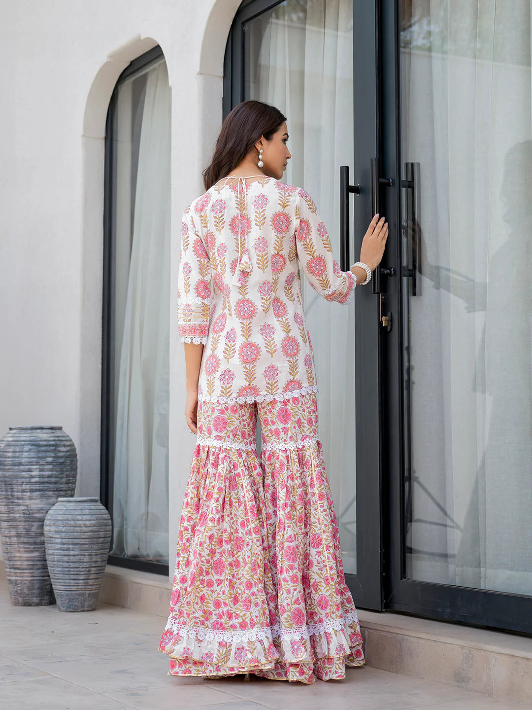 White Floral Print Pure Cotton Kurta Sharara Set
